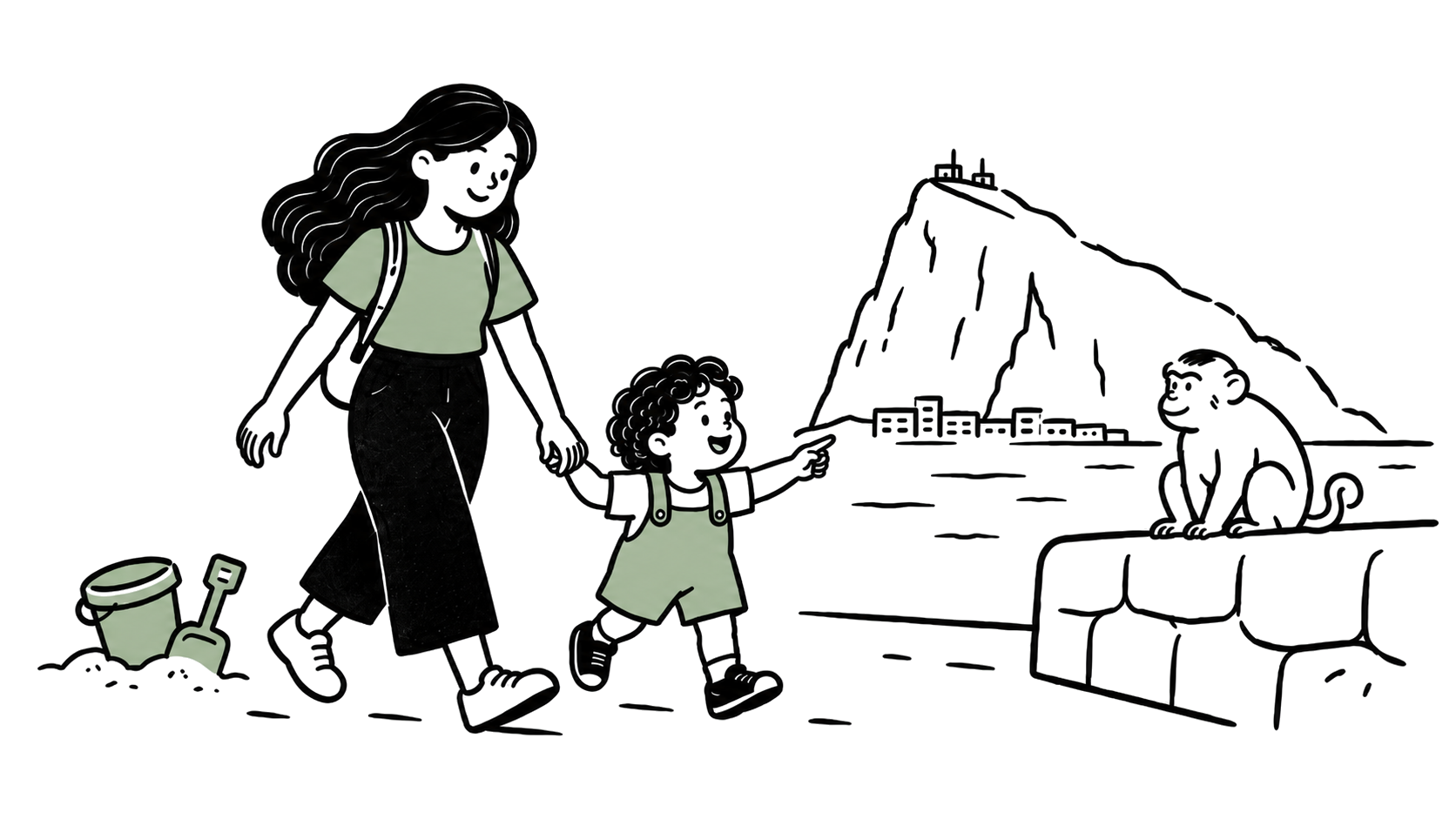 A parent and toddler walking in Gibraltar with the Rock in the background.